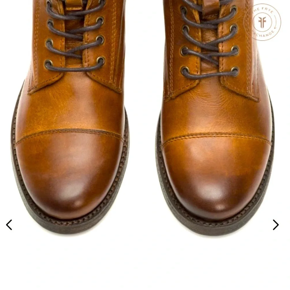 Frye Erin Lug Work Lace Up Combat Cognac Brown Leather Winter Fall Ankle Boot - Picture 3 of 15